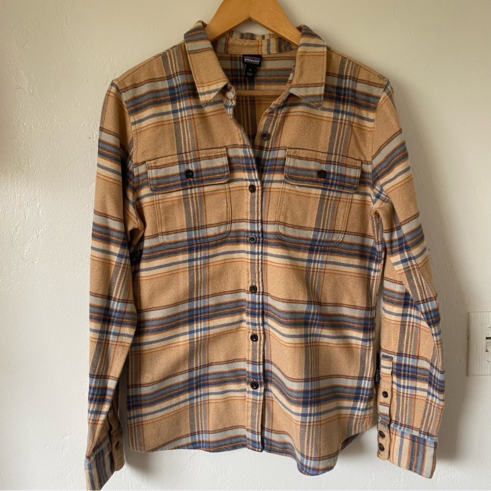 Patagonia fjord flannel blue orange tan size small EUC